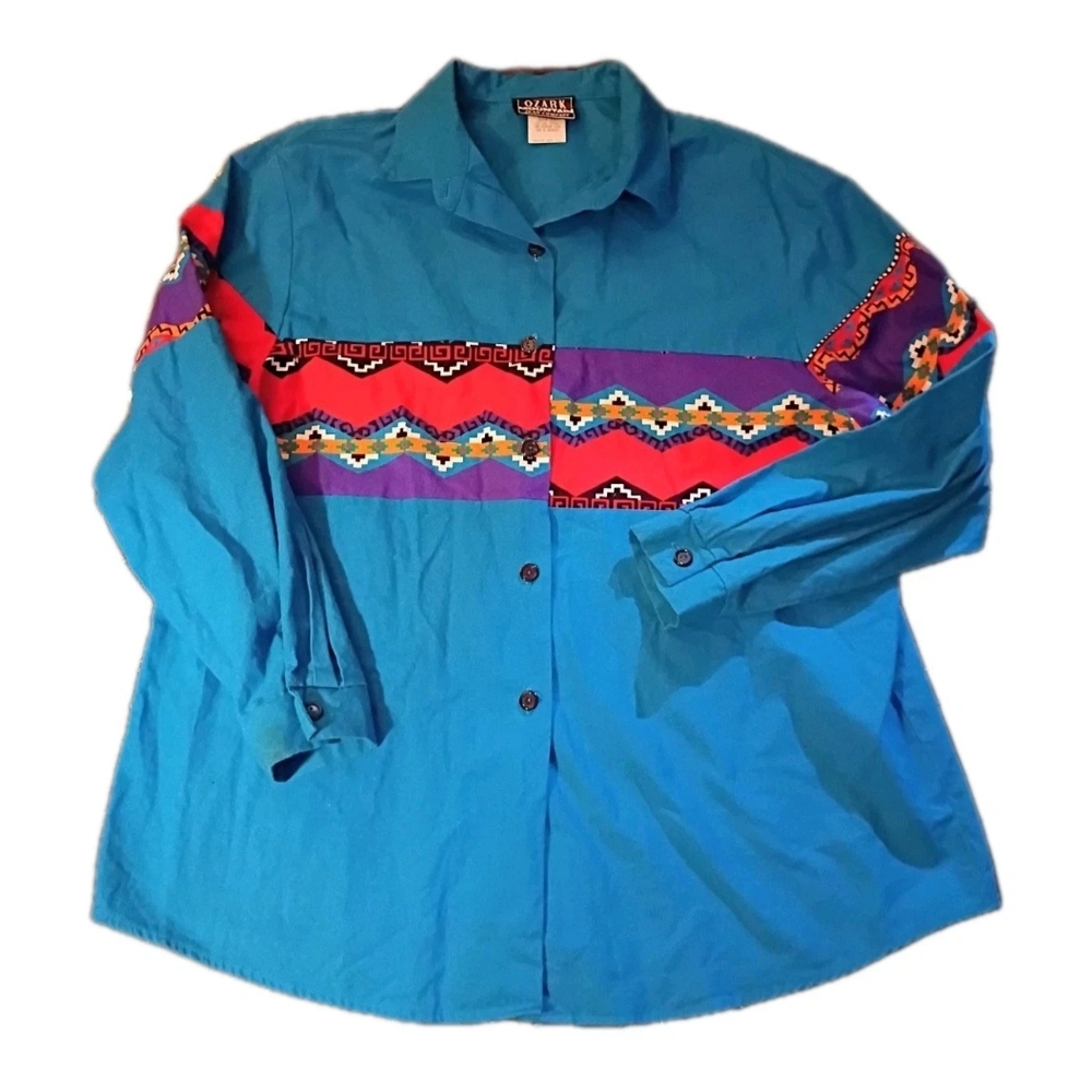 VTG Ozark Mountain Jean Co. colorful Aztec button Western shirt Made In USA 20W